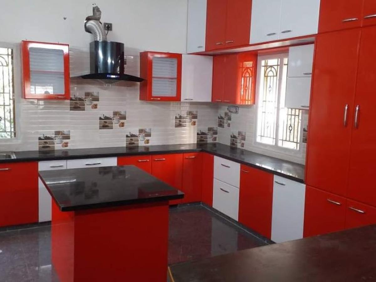 Classic Red L Shaped Modular Kitchen